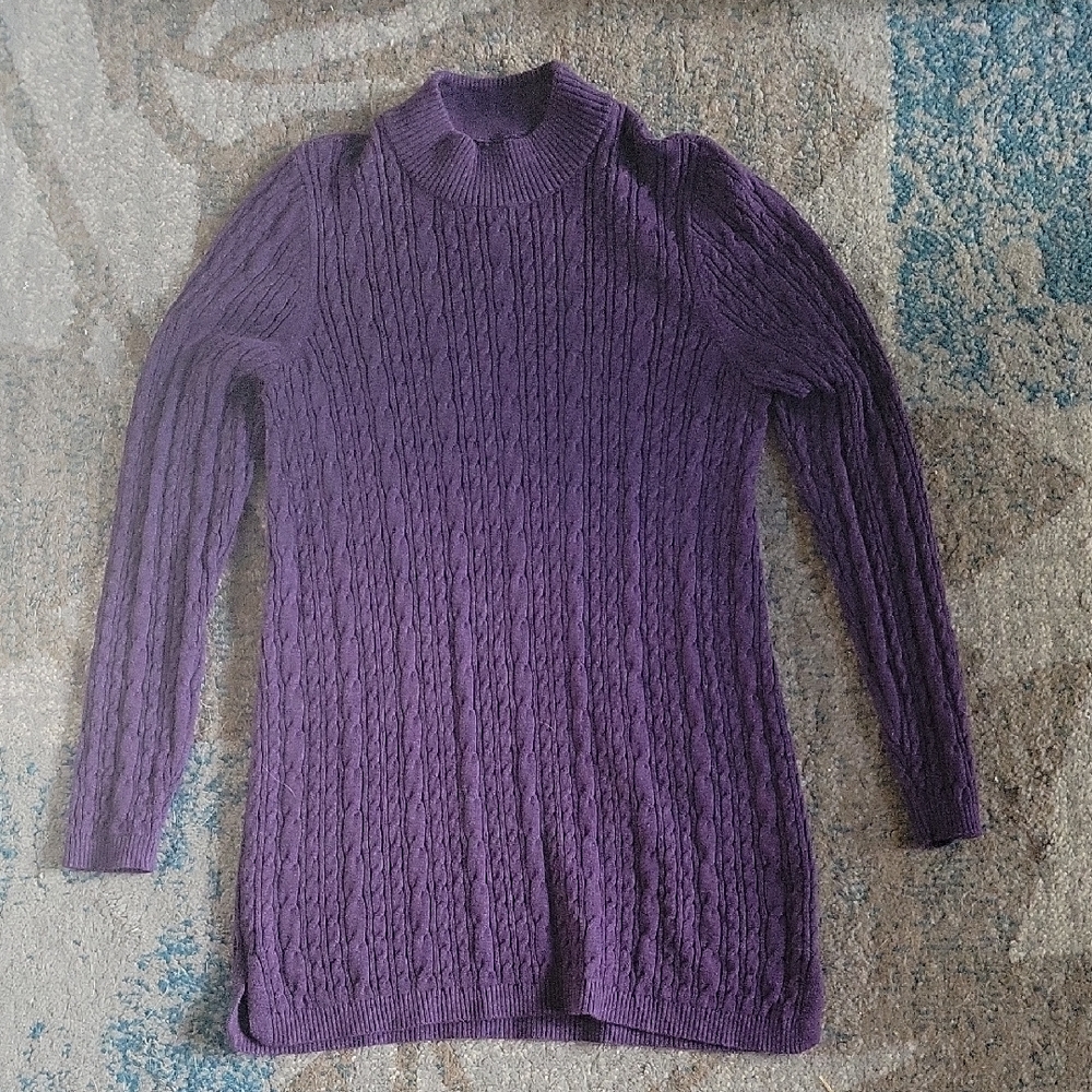 Lands' End Women's Medium Tall 100% Cotton Rich Purple Cable Knit Mockneck Tunic